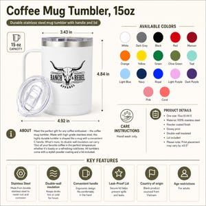 May include: A white 15oz stainless steel coffee mug tumbler with a handle and clear lid. The front features a black graphic of a longhorn skull with the text Ranch & Rebel Apparel. Dimensions are 8.71 cm wide by 12.29 cm high.