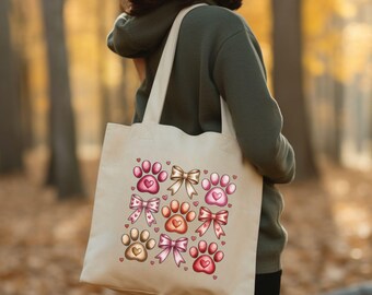 Valentine Dog Paw Tote Bag, Puppy Love Tote, Dog Mom Valentine Bag, Heart Paw Pet Lover Tote, Cute Valentine Gift Bag
