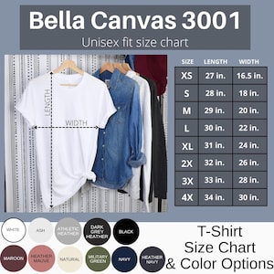 May include: A Bella Canvas 3001 unisex t-shirt size chart featuring a white t-shirt with length and width measurement lines. A table lists sizes XS through 4X with corresponding length and width in inches. Eleven color circles are displayed below.