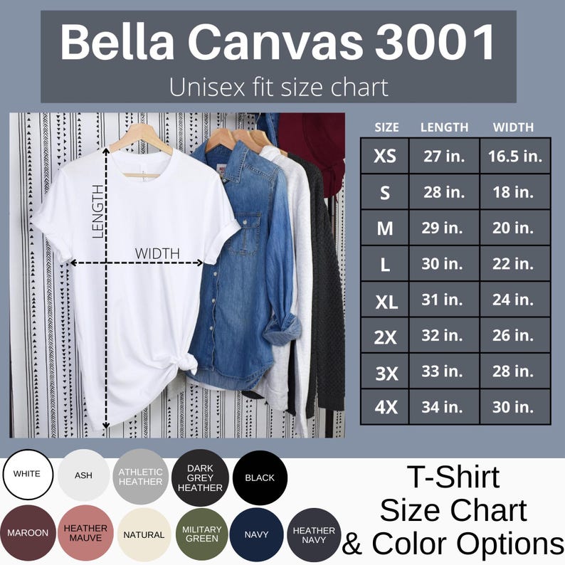 May include: A Bella Canvas 3001 unisex t-shirt size chart featuring a white t-shirt with length and width measurement lines. A table lists sizes XS through 4X with corresponding length and width in inches. Eleven color circles are displayed below.