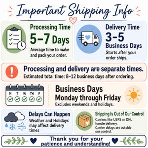 May include: An informational graphic titled Important Shipping Info with sections detailing processing times of 5-7 days, delivery times of 3-5 business days, a calendar showing Monday through Friday, and notes regarding potential weather or holiday delays.