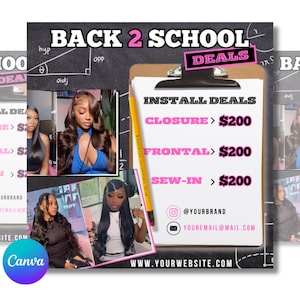 Back to school flyer, wig install, Back to School sale, DIY Canva Flyer template, Wig, Hair, Nails, Lashes, Stylist, fashion