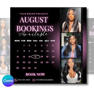 Modelo de folheto disponível para reservas de agosto, reservas de agosto disponíveis agora, folheto de compromissos de agosto, cabelo, cílios, unhas, maquiagem, perucas