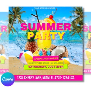 May include: Summer party invitation with a tropical beach scene. The invitation features a yellow cocktail with a cherry and pineapple slices, a beach ball, and coconuts. The text reads "Summer Party" in pink and white letters. The event is on Saturday, July 29th, and features DJ Rick. The location is 1234 Cherry Lane, Miami FL 4770-1234 USA.