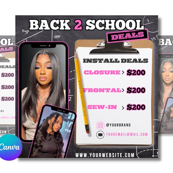 Back to school flyer, wig install, Back to School sale, DIY Canva Flyer template, Wig, Hair, Nails, Lashes, Stylist, fashion