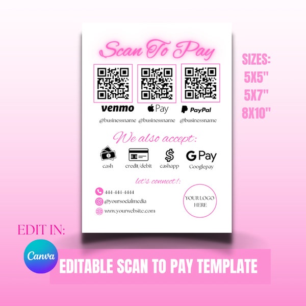 Scan to pay sign, Template design, QR code sign template, Cashapp PayPal sign for business, Payment sign, Scan to pay printable, Canva