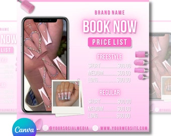 May include: Pink and white nail salon advertisement with a price list for freestyle and regular nail services. The price list includes prices for short, medium, and long nails. The ad also includes a photo of a hand with pink and white nails with rhinestones.