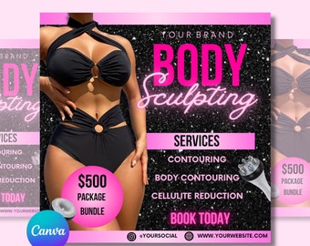 Könnte beinhalten: Eine pinkfarbene und schwarze Anzeige für Body-Sculpting-Dienstleistungen. Die Anzeige zeigt eine Frau in einem schwarzen Badeanzug und einen Textüberlagerung mit der Aufschrift "YOUR BRAND BODY Sculpting" und "SERVICES: CONTOURING, BODY CONTOURING, CELLULITE REDUCTION". Die Anzeige enthält auch einen Preis von 500 € für ein Paket.