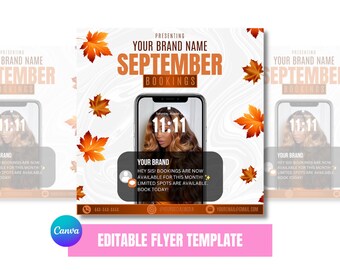 September Bookings flyer template, September Bookings Available Now, September Appointments Flyer, Hair, Lashes, Nails, Wigs installs