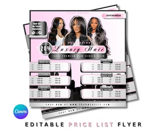 Puede incluir: Un folleto rosa y negro que anuncia extensiones de cabello de lujo. El folleto ofrece un descuento del 20% y una lista de precios para frontales, cierres, paquetes y ofertas de paquetes. El folleto también incluye una dirección de sitio web y el texto "100% Premium Raw Virgin Hair".