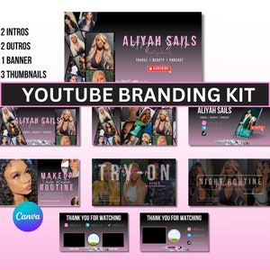May include: A YouTube branding kit for a channel called "Aliyah Sails" featuring a collage of images, a banner, intros, outros, and thumbnails. The kit includes a pink and black color scheme with the text "Aliyah Sails" and "Travel | Beauty | Podcast".