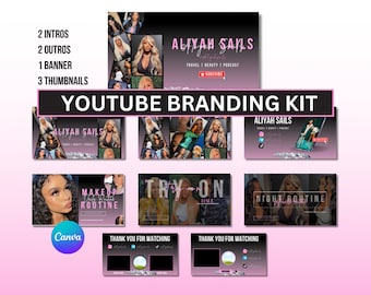 Kit de marca de YouTube, kit de marca rosa de YouTube, banner editable de YouTube, introducción de YouTube, salida de YouTube, miniatura de YouTube, plantilla Canva