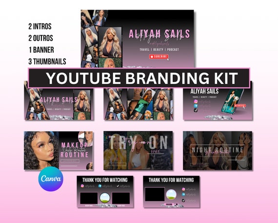 YouTube branding kit, pink YouTube branding kit, Editable YouTube banner, YouTube intro, YouTube outro, YouTube thumbnail, Canva Template