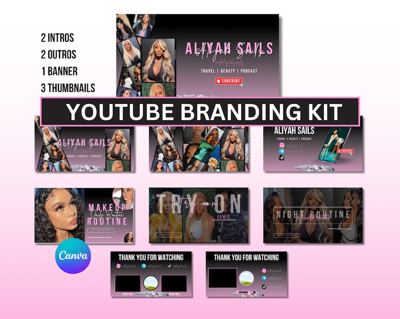 May include: A YouTube branding kit for a channel called "Aliyah Sails" featuring a collage of images, a banner, intros, outros, and thumbnails. The kit includes a pink and black color scheme with the text "Aliyah Sails" and "Travel | Beauty | Podcast".