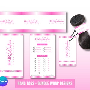 Pink hang tags, bundle wrap, hair packaging, hair tags, Canva design templates