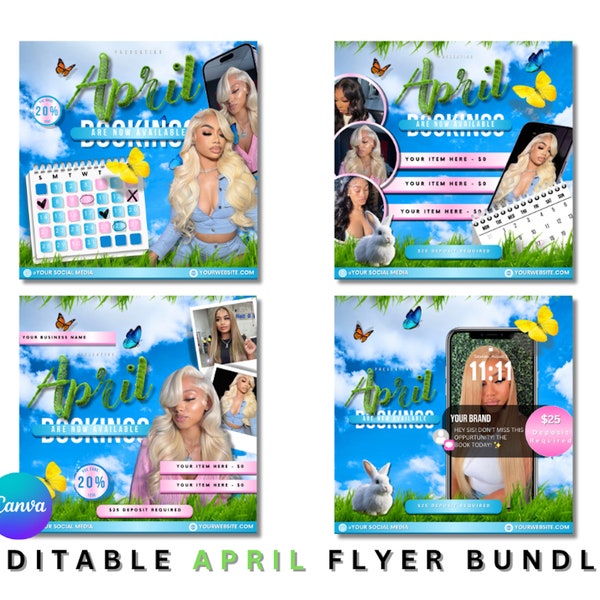 April flyer bundle, 4 April flyers, Spring flyer, Deal or No Deal, book now, wig install, hair, nails, lashes canva template