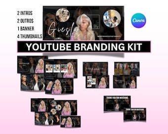 Kit de marca de YouTube, kit de marca de YouTube rosa, banner de YouTube editable, introducción de YouTube, cierre de YouTube, miniatura de YouTube, plantilla de Canva