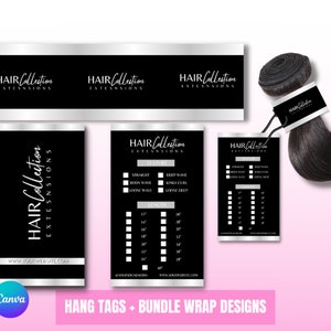 Silver hang tags, bundle wrap, hair packaging, hair tags, Canva design templates