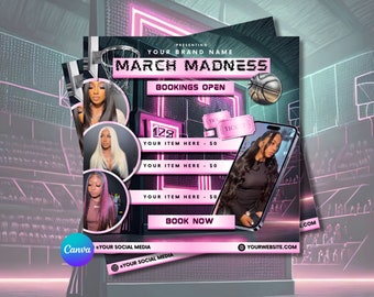 May include: A pink and black graphic design with the text "March Madness" and "Bookings Open". The design features a basketball, a basketball hoop, and three women with long hair. The text "Your Item Here - $0" is repeated three times. The text "Book Now" is at the bottom of the design.