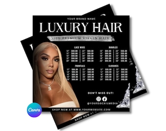 DIY Hair Price list Flyer, Hair Flyer, Hair Price list, Hair, Hairstylist, hairstyle, wig, wig installs, hair bundles, Canva Template