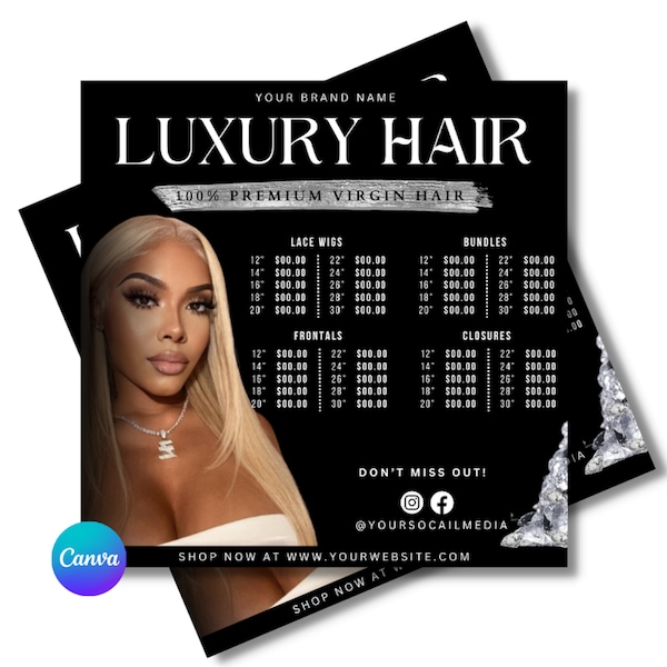 DIY Hair Price list Flyer, Hair Flyer, Hair Price list, Hair, Hairstylist, hairstyle, wig, wig installs, hair bundles, Canva Template