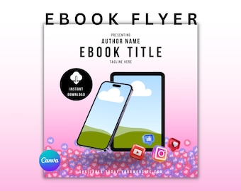 Pode incluir: Um folheto de ebook rosa e branco com o texto "EBOOK FLYER" em preto no topo. O folheto apresenta um ícone preto e branco de uma nuvem com uma seta de download, o texto "INSTANT DOWNLOAD", e dois smartphones pretos com um céu azul e nuvens brancas na tela. O folheto também inclui ícones de mídia social, corações e ícones de polegares para cima. O texto "PRESENTING AUTHOR NAME EBOOK TITLE TAGLINE HERE" está em preto no topo do folheto. O texto "AVAILABLE TODAY YOURWEBSITE.COM" está na parte inferior do folheto.