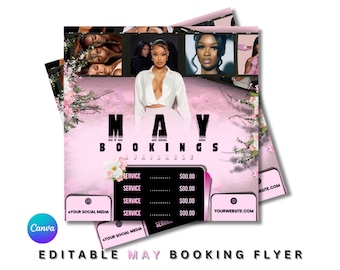 May include: A pink and black flyer with the text "MAY BOOKINGS" in large white letters. The flyer has a collage of images of women with pink flowers and a price list for services.