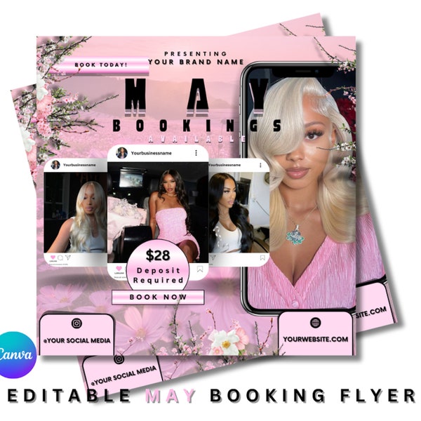 May booking Flyer, May appointments, Spring flyer, Hair, Nails, lashes, MUA, booking flyer, Canva Flyer Template