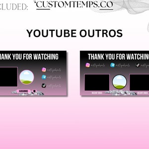 May include: Two YouTube outro templates with a black background and pink gradient. The text "Thank you for watching" is displayed in white. The first template has a black square for a recent video and a circular image of a green hill with a white cloud. The second template has two black squares for recent videos and a circular image of a green hill with a white cloud. Social media icons for Instagram, Twitter, and TikTok are displayed in the top right corner of each template.