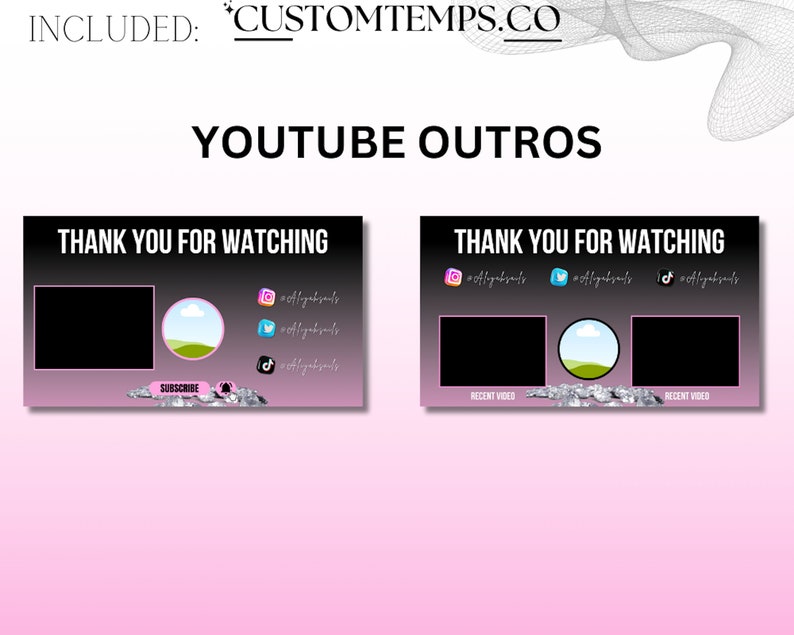 May include: Two YouTube outro templates with a black background and pink gradient. The text "Thank you for watching" is displayed in white. The first template has a black square for a recent video and a circular image of a green hill with a white cloud. The second template has two black squares for recent videos and a circular image of a green hill with a white cloud. Social media icons for Instagram, Twitter, and TikTok are displayed in the top right corner of each template.