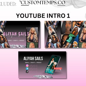 May include: A pink and black YouTube intro template with the text "ALIYAH SAILS" and "TRAVEL | BEAUTY | PODCAST". The template features a collage of images of a woman with different hairstyles and a phone with a "SUBSCRIBE" button.