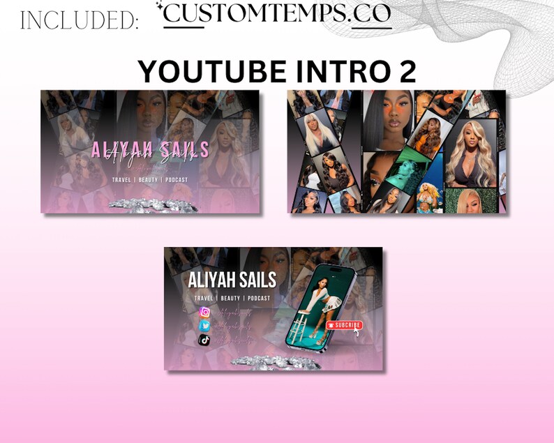May include: A YouTube intro template with a collage of images of a woman with long hair. The text "ALIYAH SAILS" is displayed in pink and white letters. The text "TRAVEL | BEAUTY | PODCAST" is displayed in white letters. The text "SUBSCRIBE" is displayed in red letters.
