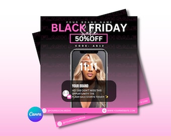 Puede incluir: Anuncio de venta flash del Black Friday con un código de descuento del 50% "AB12". La imagen presenta un teléfono inteligente que muestra un reloj con la hora 11:11 y un mensaje que dice "¡Hey sis! ¡No te pierdas esta oportunidad! ¡La venta flash comienza hoy!"