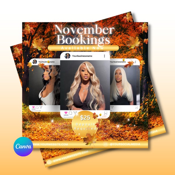 November Bookings available flyer template, Fall Bookings Available Now, September Appointments Flyer, Hair, Lashes, Nails, Wigs