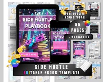 PLR Side Hustle E-bok, E-boksmall, helt redigerbar mall, E-bok om passiv inkomst, digital bok, + arbetsblad, Canva E-boksmall