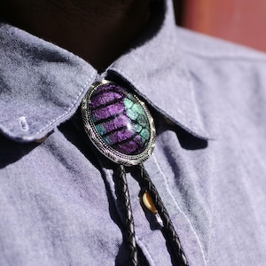 Dragon Scales Bolo Tie | Painted Snakeskin Purple Green Fantasy Cosplay Necklace Necktie