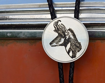 Pronghorn Antelope Bolo Tie ~ Engraved Stainless Steel & Leather