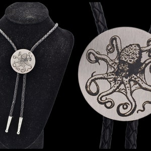 Octopus Bolo Tie ~ Engraved Stainless Steel & Leather