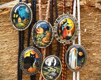 Halloween Bolo Ties:  Witch, Ghost, Jack-o-Lantern, Graveyard, Haunted House, or Black Cat