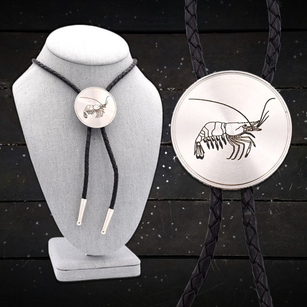 Prawn Shrimp Bolo Tie ~ Engraved Stainless Steel & Leather