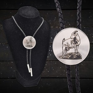 Dairy Milk Goat Bolo Tie ~ Engraved Stainless Steel & Leather ~ Nigerian Dwarf Doe Goat