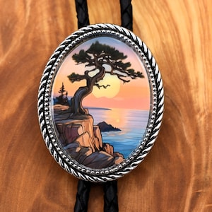Tree Ocean Sunset Bolo Tie ~ Assorted Cord Colors & Length ~ Bristlecone Pine Western Hippie Nature Boho Unisex Him/Her Gift Bolo Tie