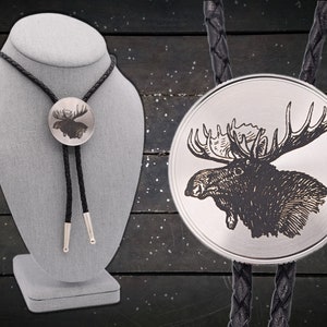 Bull Moose Bolo Tie ~ Engraved Stainless Steel & Leather