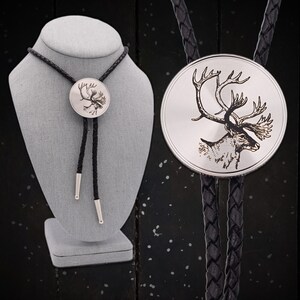 Caribou Bolo Tie ~ Engraved Stainless Steel & Leather