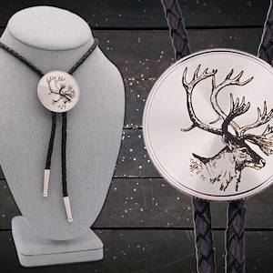 Caribou Bolo Tie ~ Engraved Stainless Steel & Leather