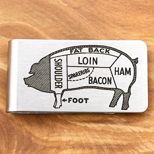 Pork Money Clip - Bacon Ribs Ham Meatatarian Carnivore Diet Butcher Diagram- Engraved Stainless Steel