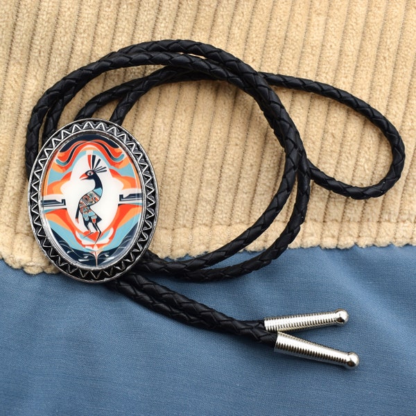 Kokopelli Bird Southwestern Motif Bolo Tie W/Custom Cord Colors & Length