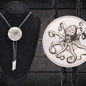 Octopus Bolo Tie ~ Engraved Stainless Steel & Leather