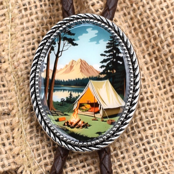 Camping Bolo Tie ~ Choose Your Cord Colors & Length ~ Tent Campsite Outdoorsy Nature Hiking Hunting Fishing Gift for Him or Her