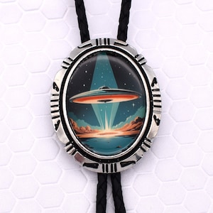 UFO Bolo Tie ~ Custom Cord Colors & Length ~ Aliens Flying Saucer Area 51 Complex Conspiracy